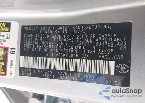 2025 Toyota Camry Le из США, поврежденный, VIN 4T1DAACK7SU161924